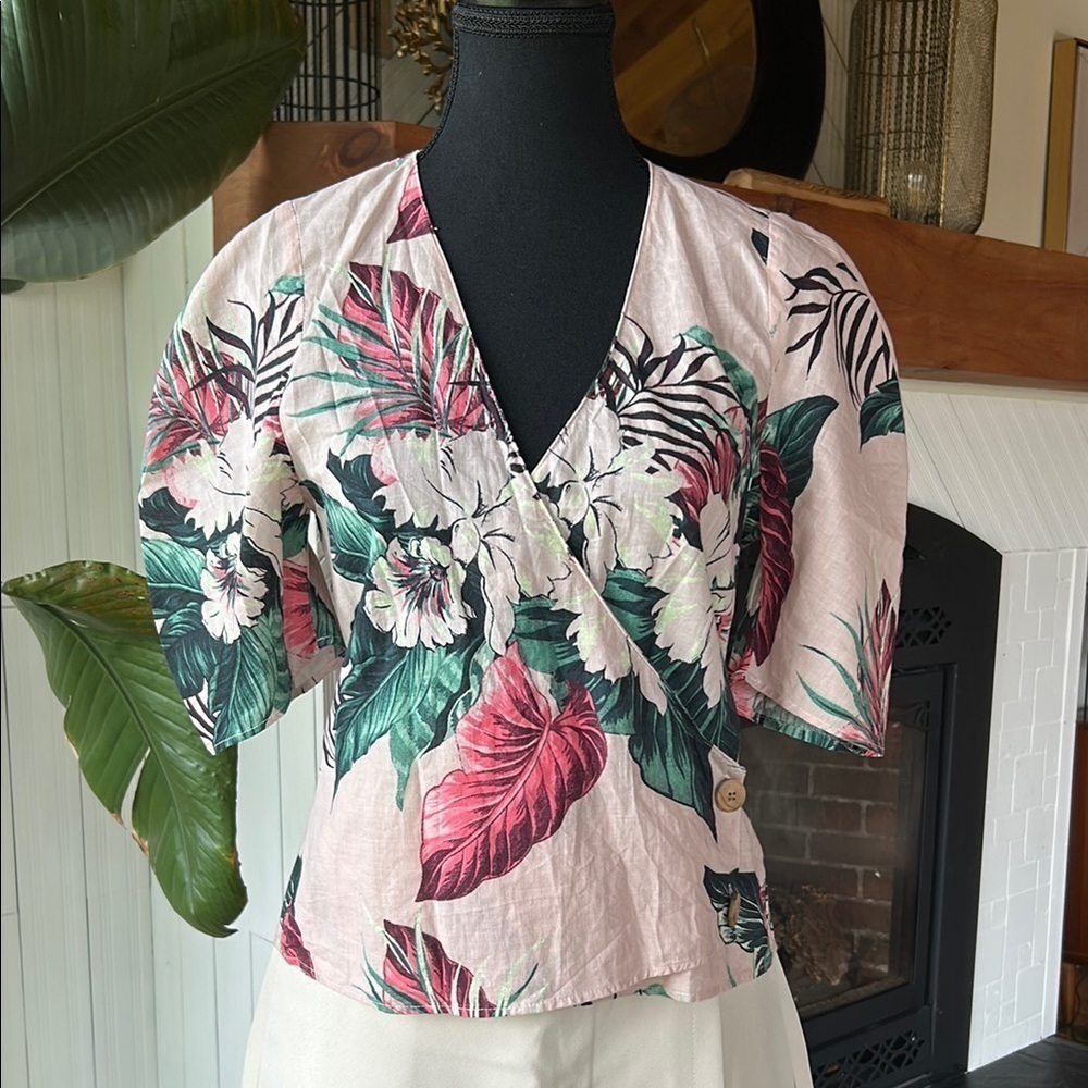 Zara Pink Linen Blend Wrap Blouse
